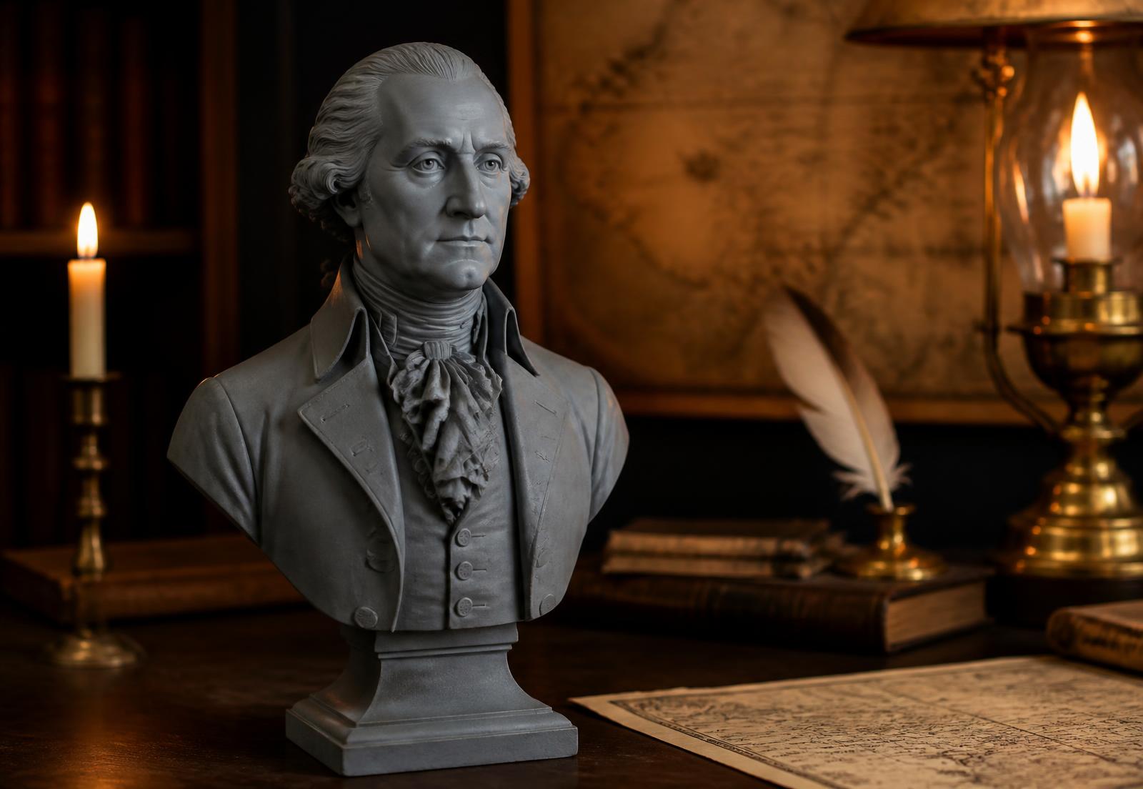 3D-printed bust of a colonial statesman on a walnut desk beside candlelight and antique maps